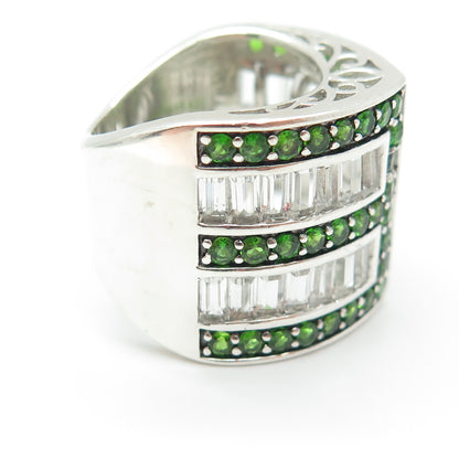 925 Sterling Silver Real Emerald-Cut White Topaz & Round-Cut Peridot Ring Size 7