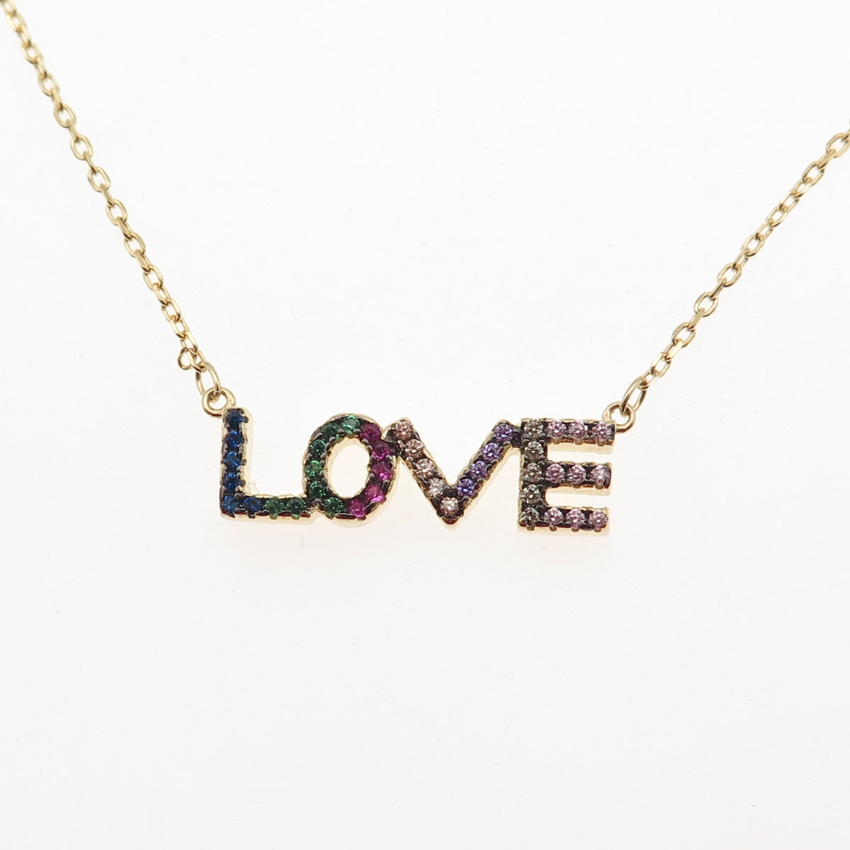 925 Sterling Silver Gold Plated Multi-Color C Z Love Cable Chain Necklace 16-18"