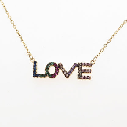 925 Sterling Silver Gold Plated Multi-Color C Z Love Cable Chain Necklace 16-18"