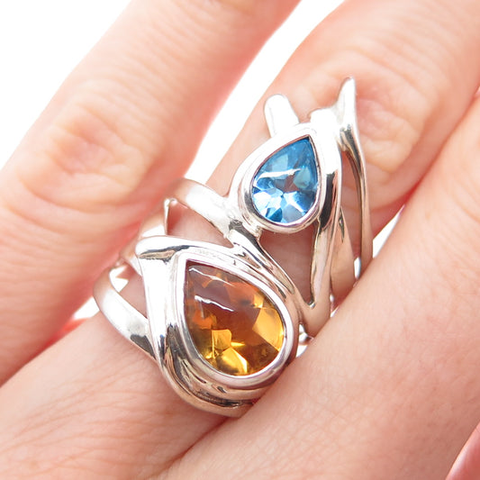 HAGIT GORALI 925 Sterling Silver Vintage Real Blue Topaz & Citrine Ring Size 6
