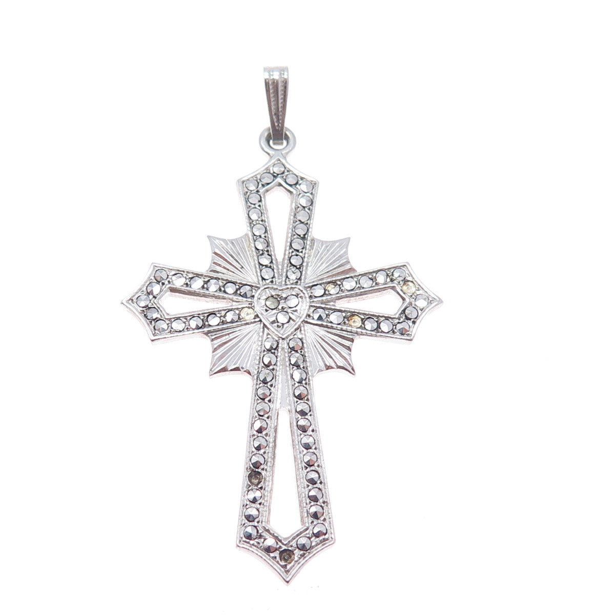 925 Sterling Silver Antique Real Marcasite Cross Pendant (missing 6 stones)