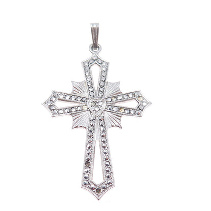925 Sterling Silver Antique Real Marcasite Cross Pendant (missing 6 stones)