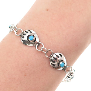 Old Pawn Sterling Silver Vintage Turquoise Bear Paw Bracelet 7" (missing lock)