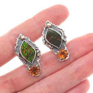 H & BJ Mackie 925 Sterling 14K Gold Vintage Ammolite Citrine Omega Back Earrings