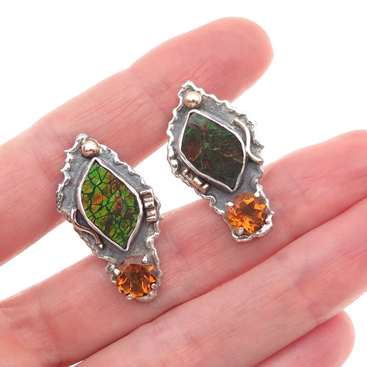 H & BJ Mackie 925 Sterling 14K Gold Vintage Ammolite Citrine Omega Back Earrings