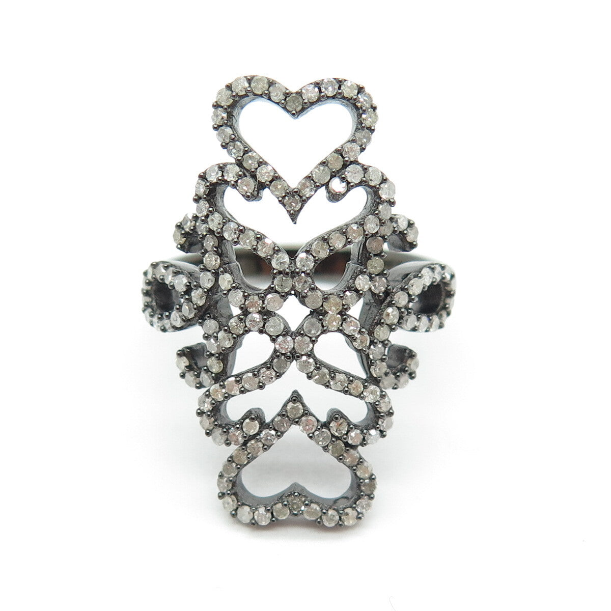 925 Sterling Silver Round-Cut Diamond Heart Floral Black Rhodium Ring Size 8.25