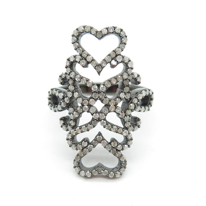 925 Sterling Silver Round-Cut Diamond Heart Floral Black Rhodium Ring Size 8.25