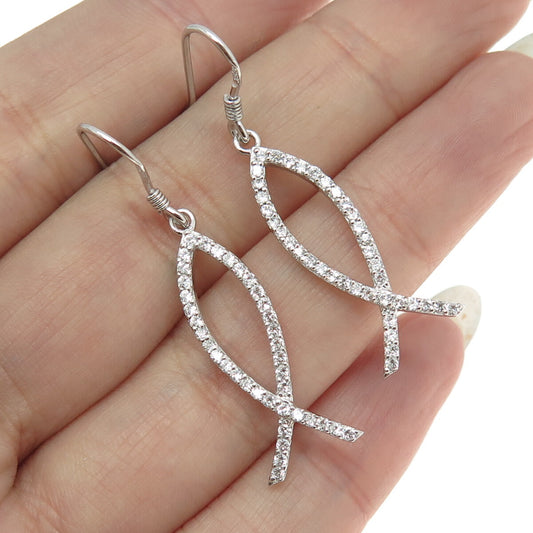 925 Sterling Silver Round-Cut C Z Ichthys Symbol Dangling Earrings