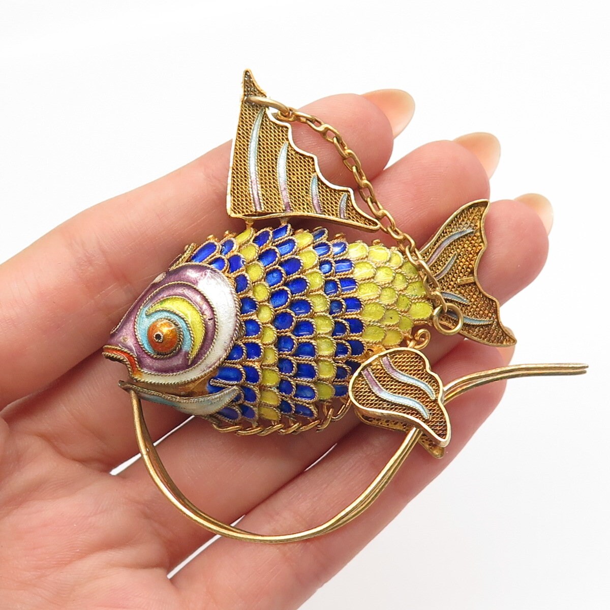 925 Sterling Silver Gold Plated Antique Enamel Chinese Koi Fish Articulated Fob