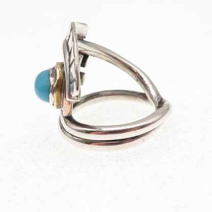 925 Sterling Silver 3-Tone Vintage Real Turquoise Modernist Eye Ring Size 6.75