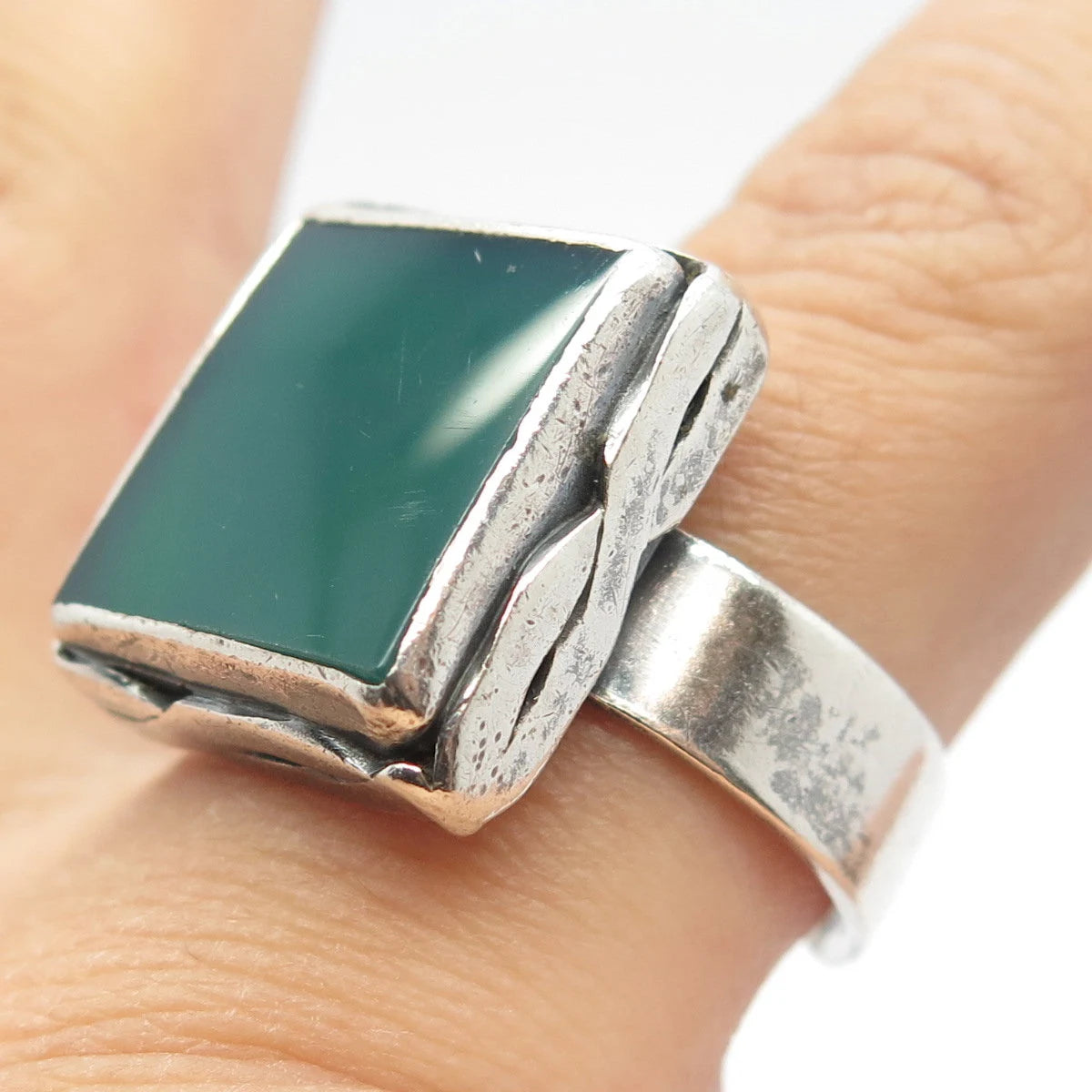 925 Sterling Silver Vintage Real Green Onyx Square Adjustable Ring Size 10.25
