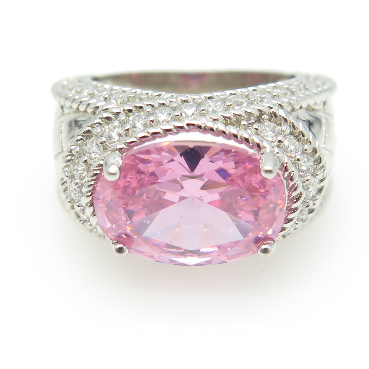 925 Sterling Silver Oval & Round-Cut Pink & White C Z Ring Size 7.25