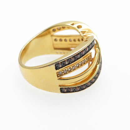925 Sterling Silver Gold Plated Real Smoky Quartz C Z Crisscross Ring Size 7.25