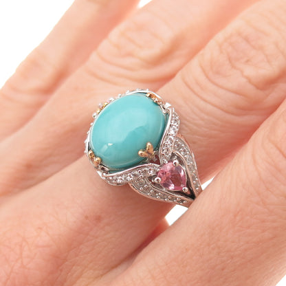 925 Sterling Silver 2-Tone Real Turquoise Pink & White Topaz Ring Size 8.25