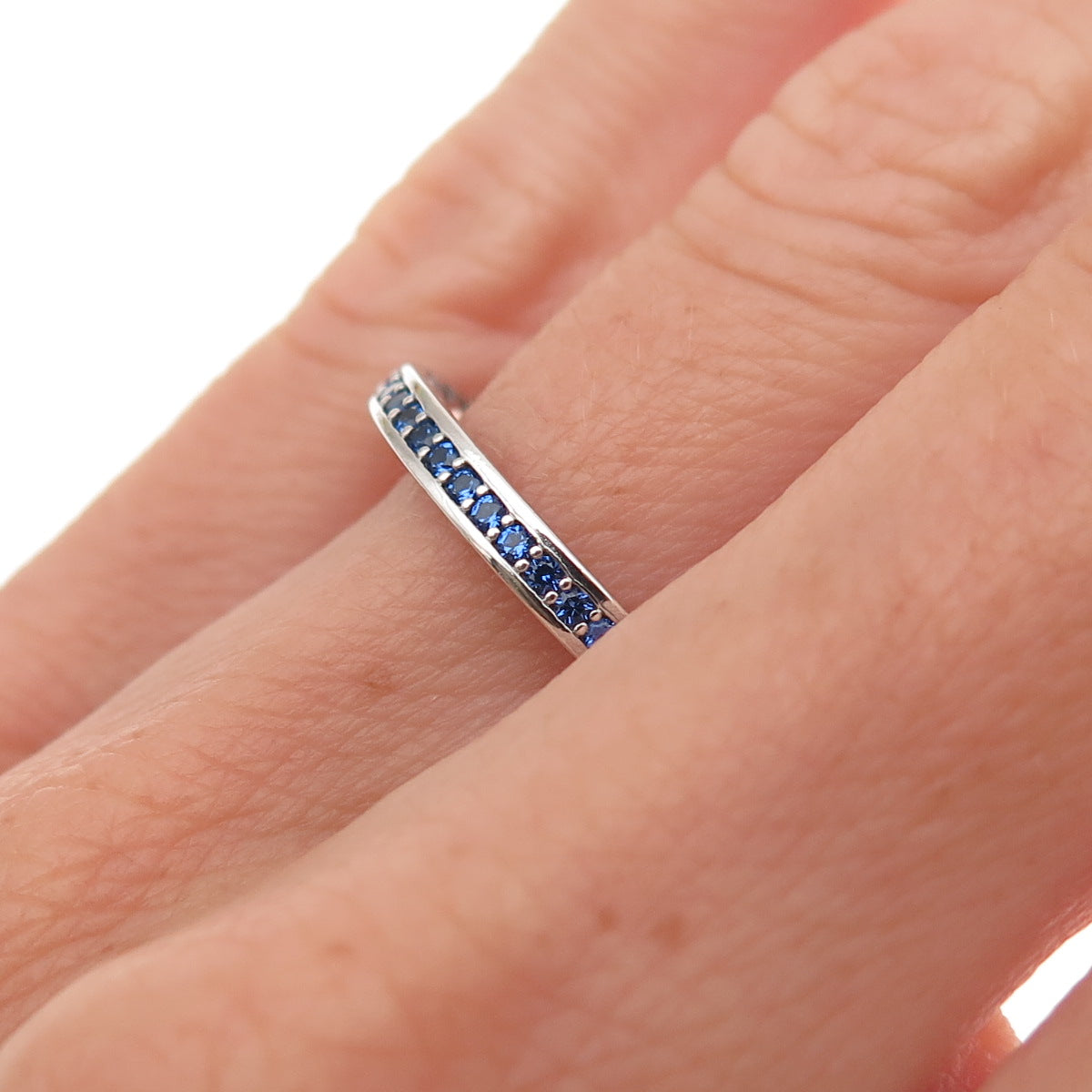 Pandora 925 Sterling Silver Enamel & Blue C Z Radiant Hearts Band Ring Size 6