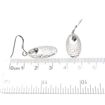 925 Sterling Silver Real Round-Cut Black Diamond Hammered Dangle Earrings