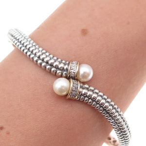 Town & Country 925 Sterling 14K Gold Real Diamond & Pearl Bangle Bracelet 6.75"