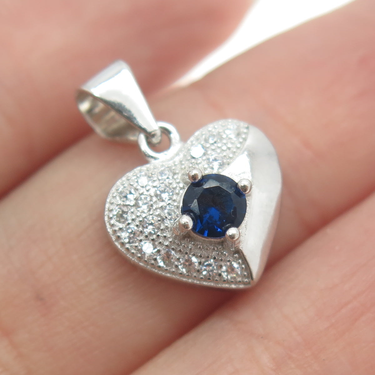 925 Sterling Silver Blue & White C Z Heart Pendant