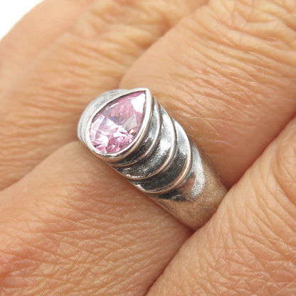 925 Sterling Silver Vintage Pear-Cut Pink C Z Modernist Ring Size 7.25