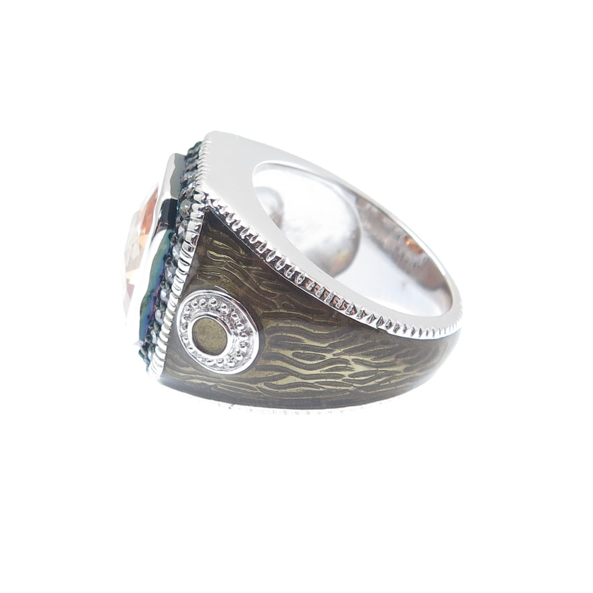 925 Sterling Silver White & Fire Multi-Cut C Z Enamel Ring Size 7.5