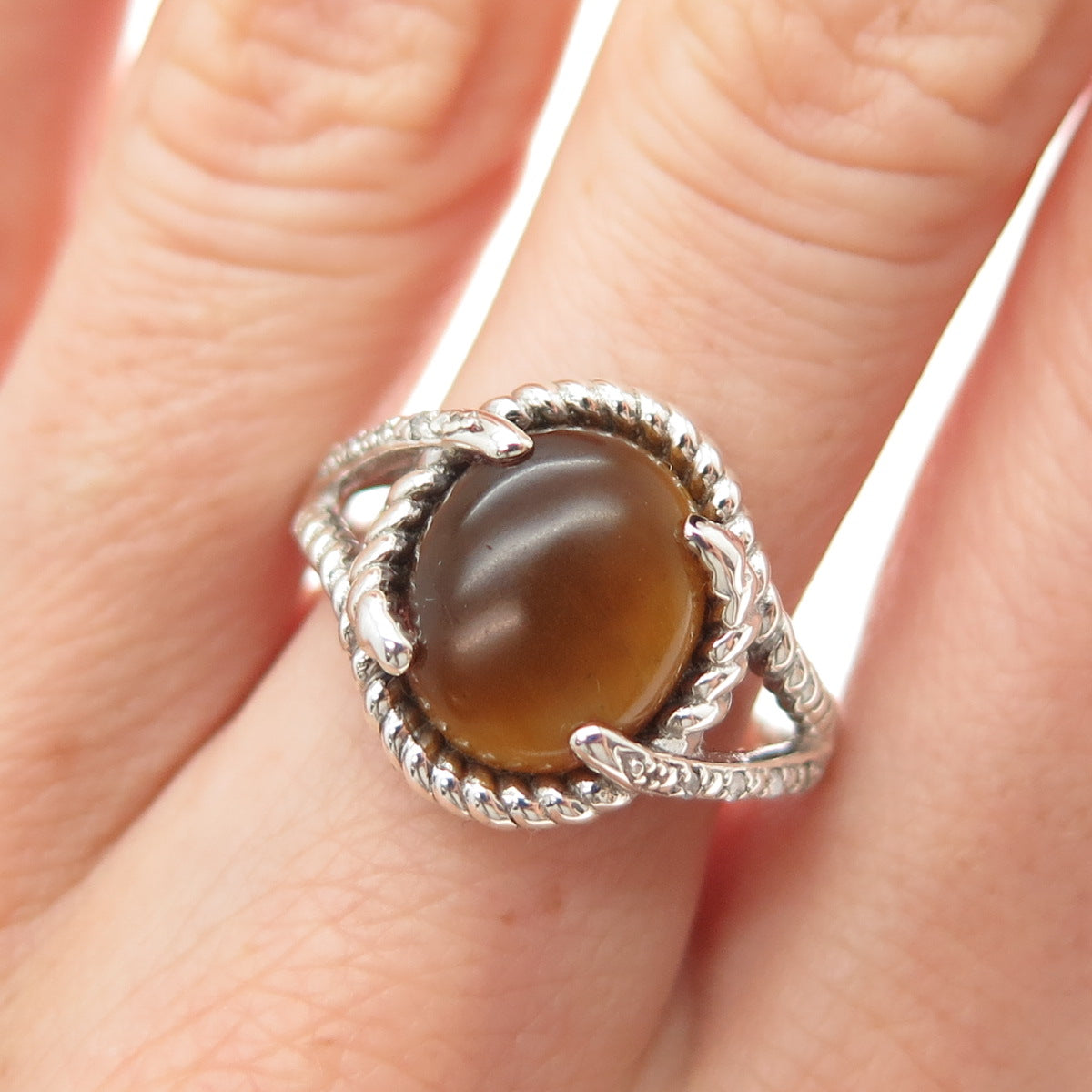 925 Sterling Silver Real Round-Cut Diamond & Cabochon Tiger Eye Ring Size 9
