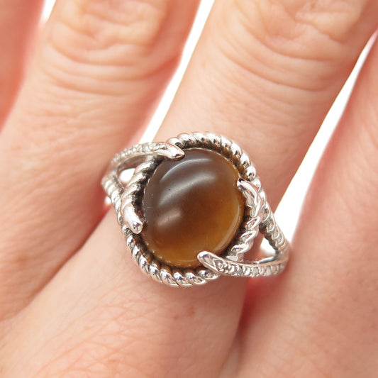 925 Sterling Silver Real Round-Cut Diamond & Cabochon Tiger Eye Ring Size 9