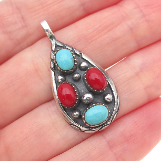 925 Sterling Silver Vintage Southwestern Real Turquoise & Coral Oxidized Pendant
