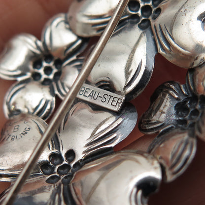 BEAU 925 Sterling Silver Vintage Dogwood Flower Oxidized Pin Brooch