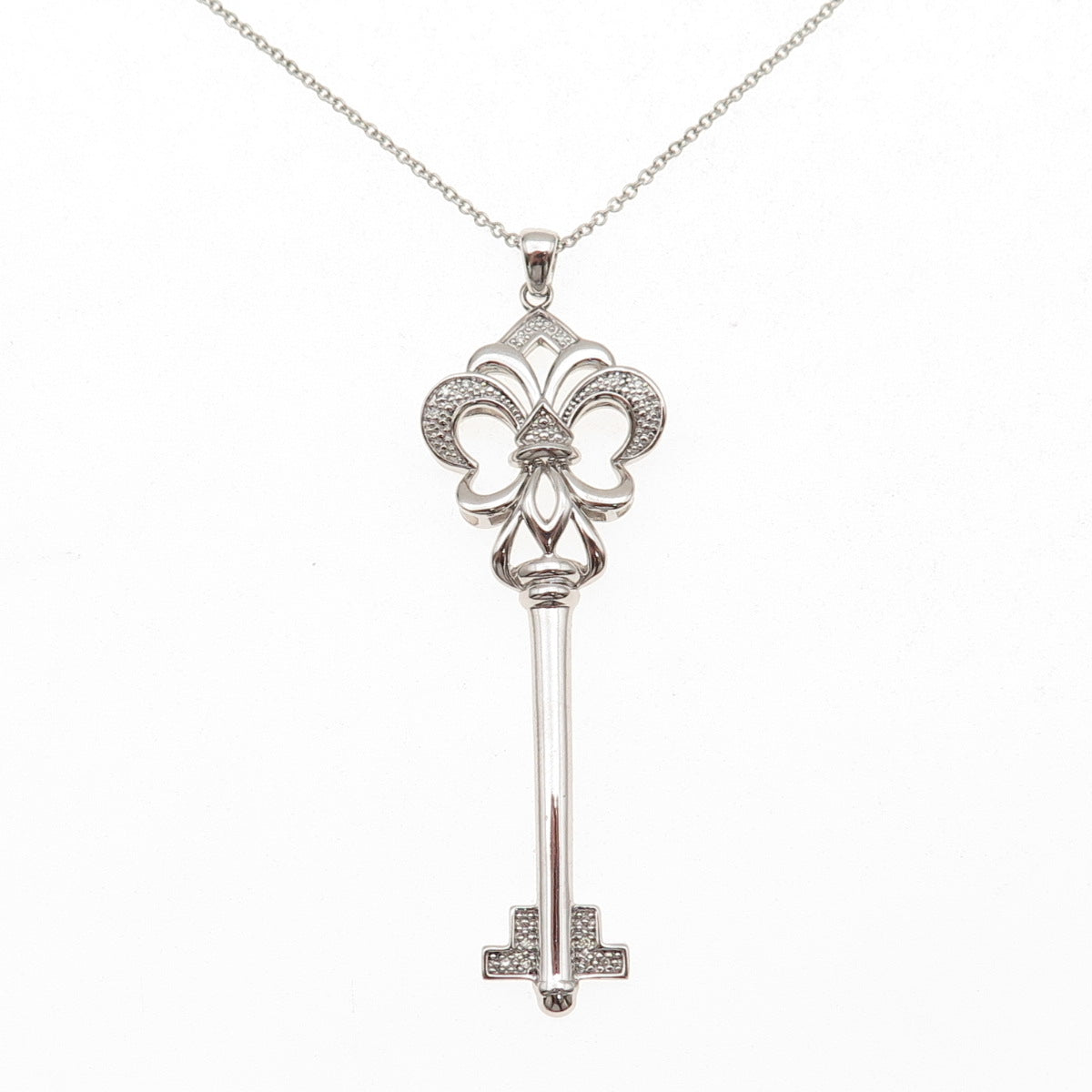 925 Sterling Silver Real Diamond Fleur de Lis Key Cable Chain Necklace 18"