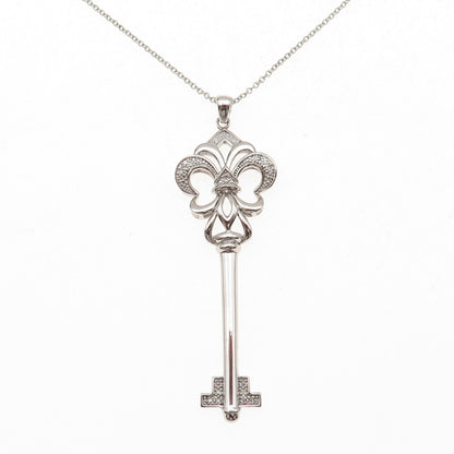 925 Sterling Silver Real Diamond Fleur de Lis Key Cable Chain Necklace 18"