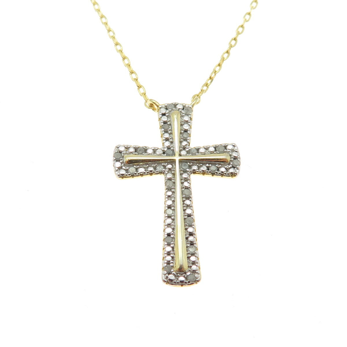 HAN 925 Sterling Silver Gold Plated Real Diamond Cross Cable Chain Necklace 18"