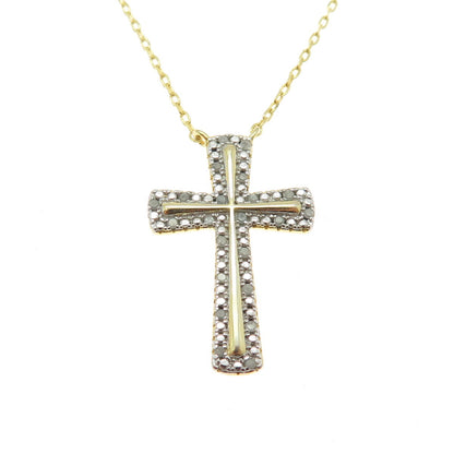 HAN 925 Sterling Silver Gold Plated Real Diamond Cross Cable Chain Necklace 18"