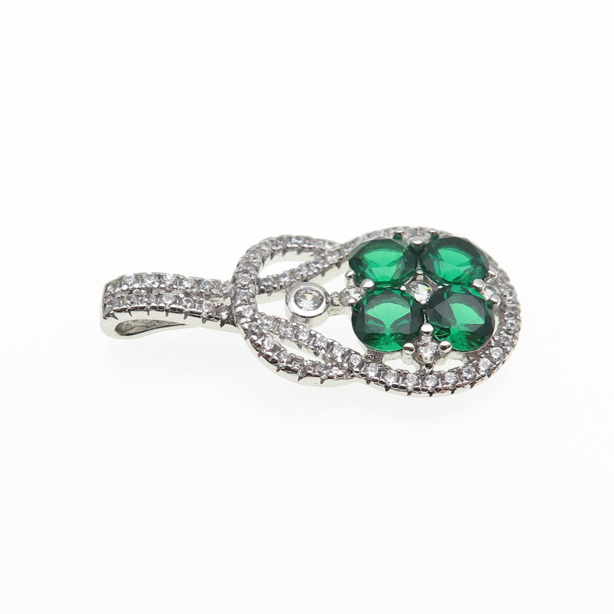 925 Sterling Silver Real Round-Cut Chrome Diopside & C Z Charm Pendant