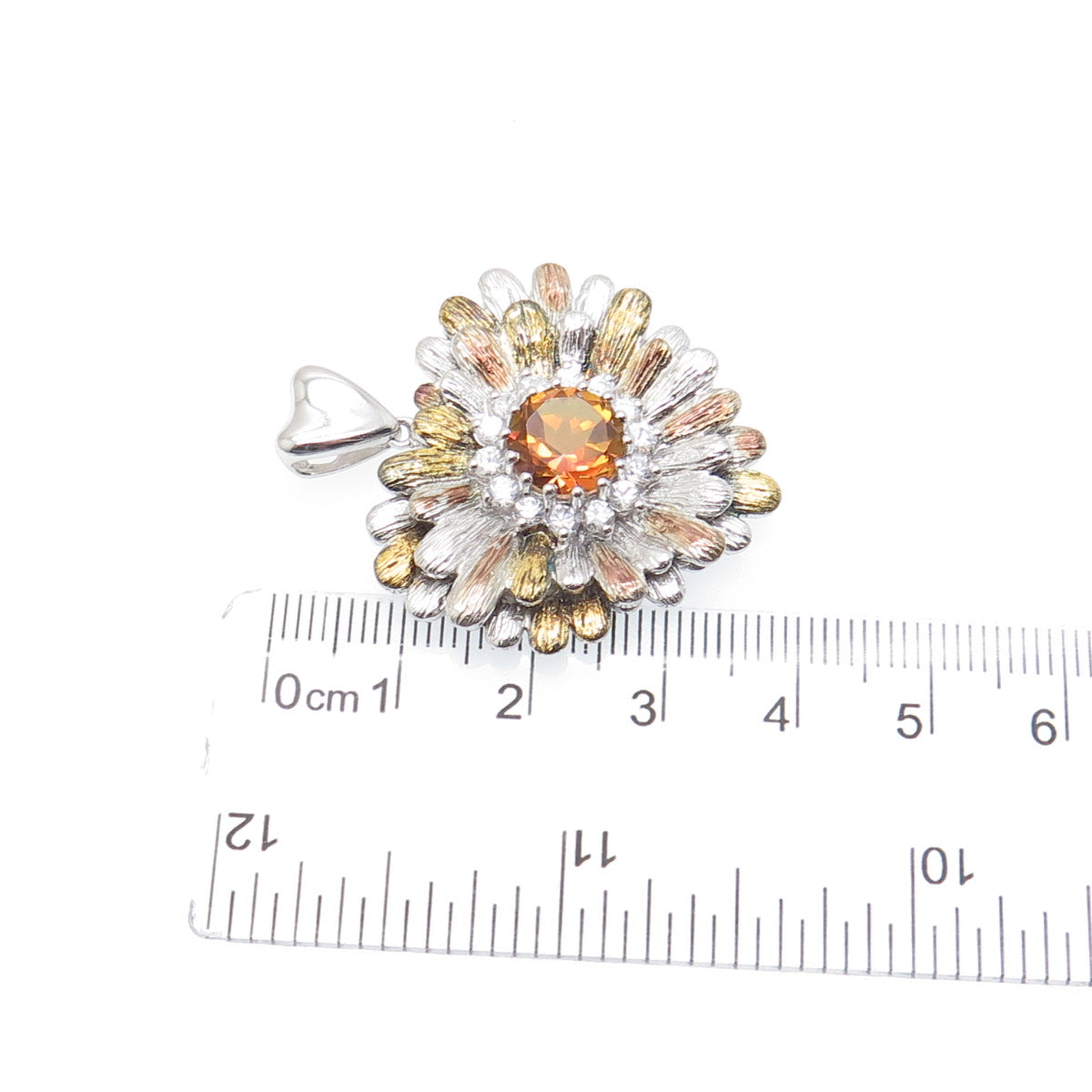 CHUCK CLEMENCY Sterling Silver 3-Tone Real Fire Quartz C Z Flower Heart Pendant
