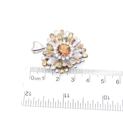 CHUCK CLEMENCY Sterling Silver 3-Tone Real Fire Quartz C Z Flower Heart Pendant