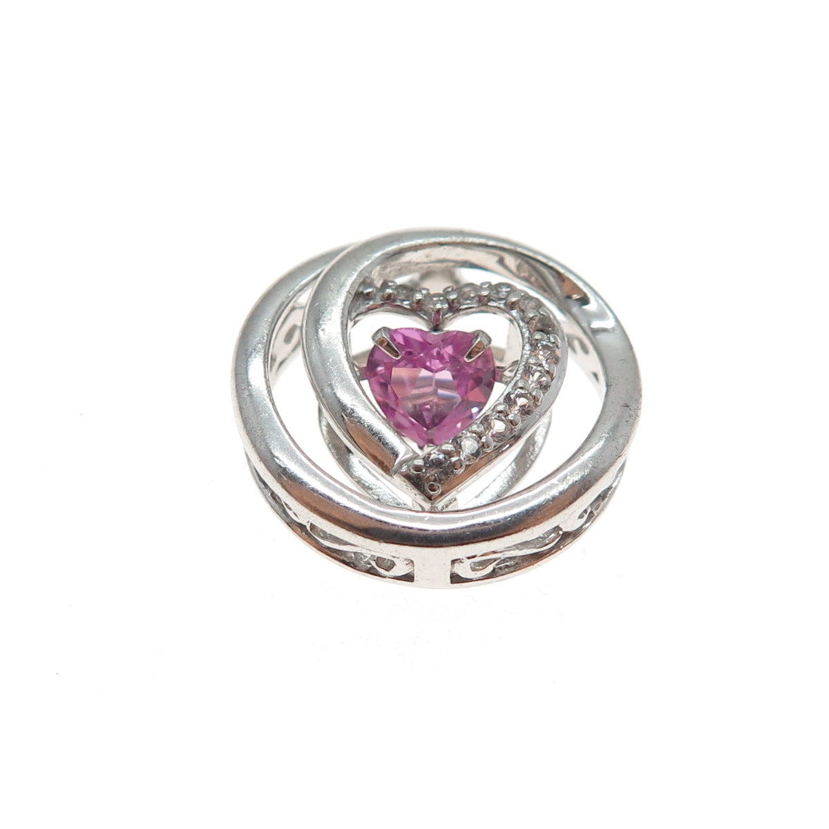 SAI 925 Sterling Real Heart-Cut Pink & Round-Cut White Topaz Mini Slide Pendant