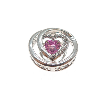 SAI 925 Sterling Real Heart-Cut Pink & Round-Cut White Topaz Mini Slide Pendant