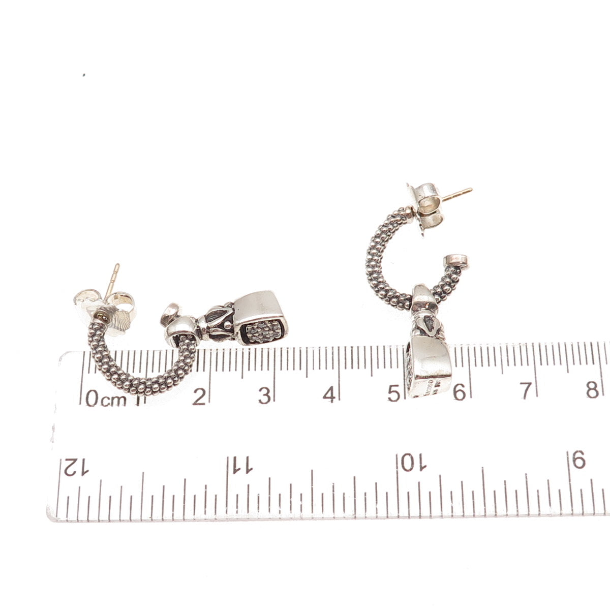 Lagos 925 Sterling Silver 14K Gold Posts Real Diamond Caviar Hoop Charm Earrings