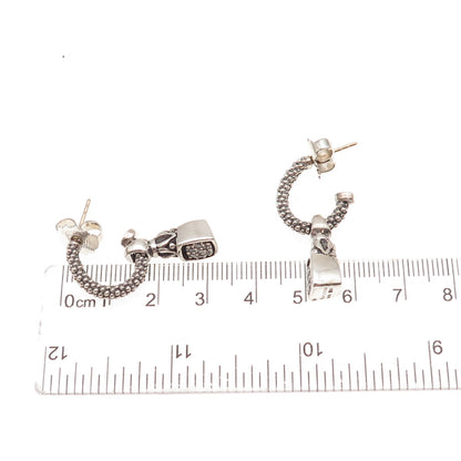 Lagos 925 Sterling Silver 14K Gold Posts Real Diamond Caviar Hoop Charm Earrings
