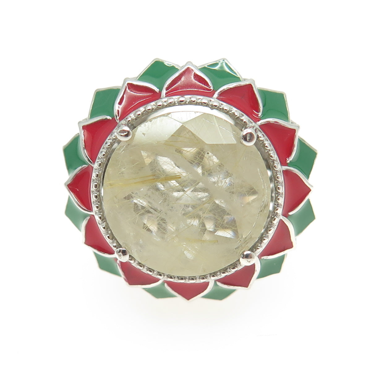 CHUCK CLEMENCY 925 Sterling Silver Real Rutilated Quartz Enamel Ring Size 11.25