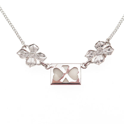 925 Sterling Antique Art Deco Enamel Real Marcasite Floral Chain Necklace 16"