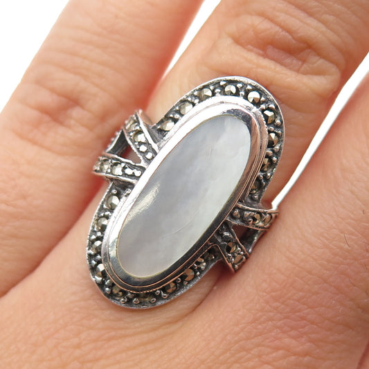 925 Sterling Silver Vintage Real MOP & Marcasite Oxidized Ring Size 6
