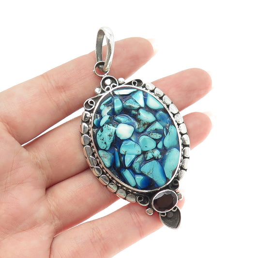 Art’s Elegance Sterling Silver Vintage Real Turquoise Inlay & Tourmaline Pendant