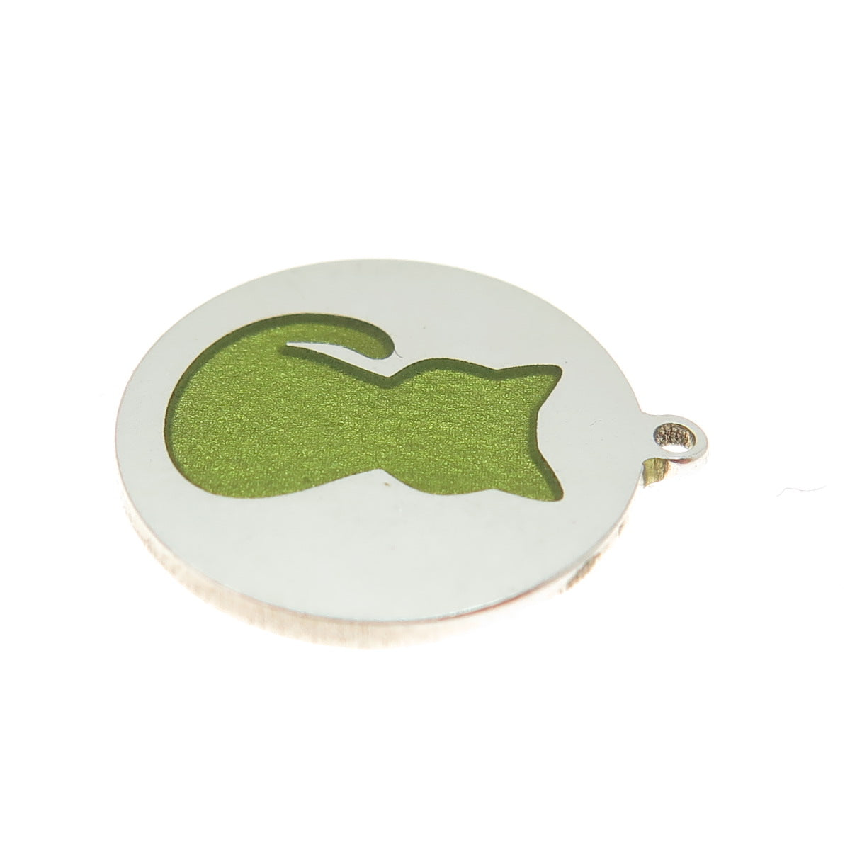 Tokemoti 925 Sterling Silver Green Enamel Cat Round Tag Minimalist Pendant