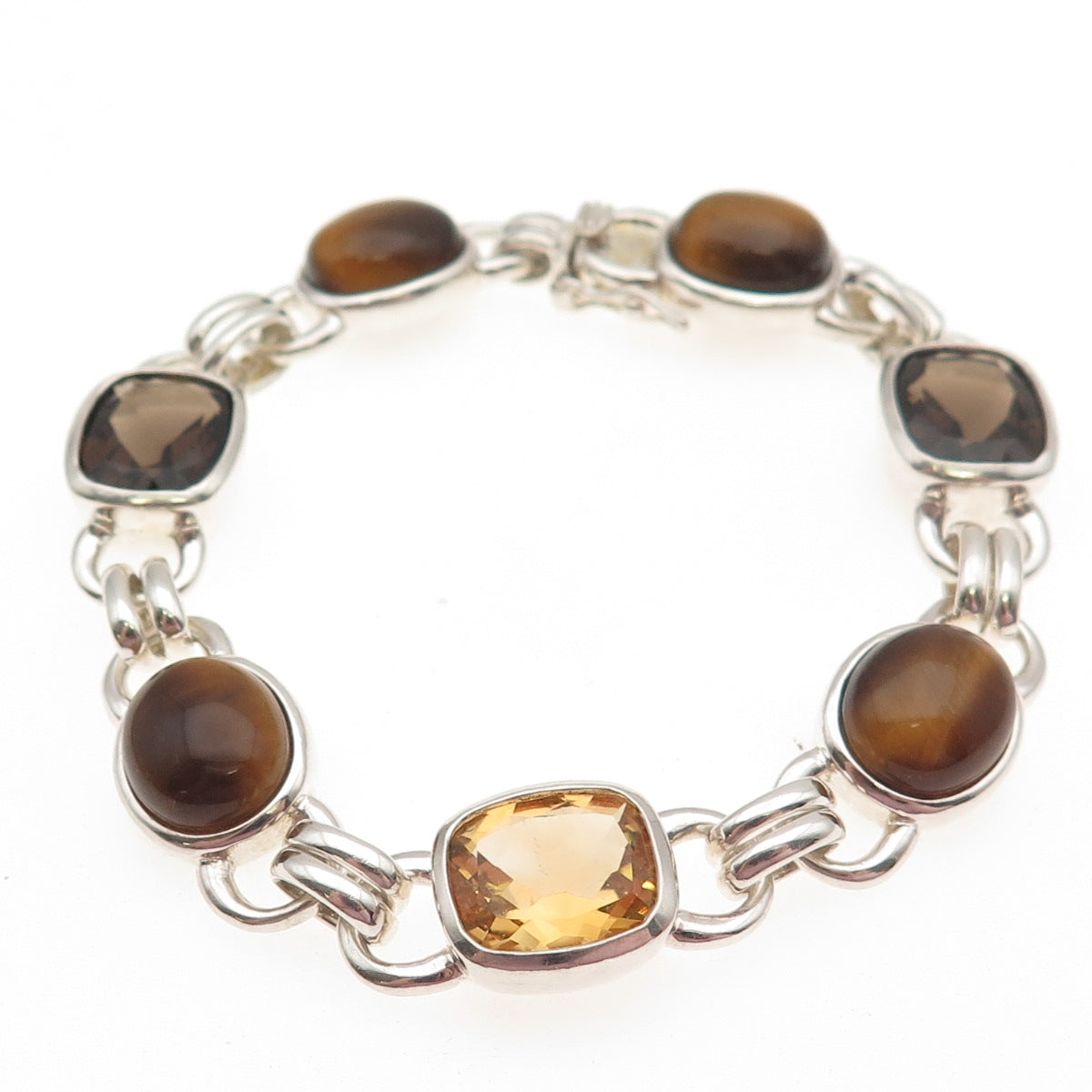 925 Sterling Silver Vintage Real Citrine Smoky Quartz Tiger Eye Bracelet 7"