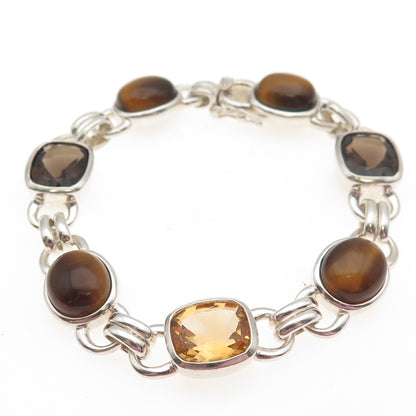 925 Sterling Silver Vintage Real Citrine Smoky Quartz Tiger Eye Bracelet 7"