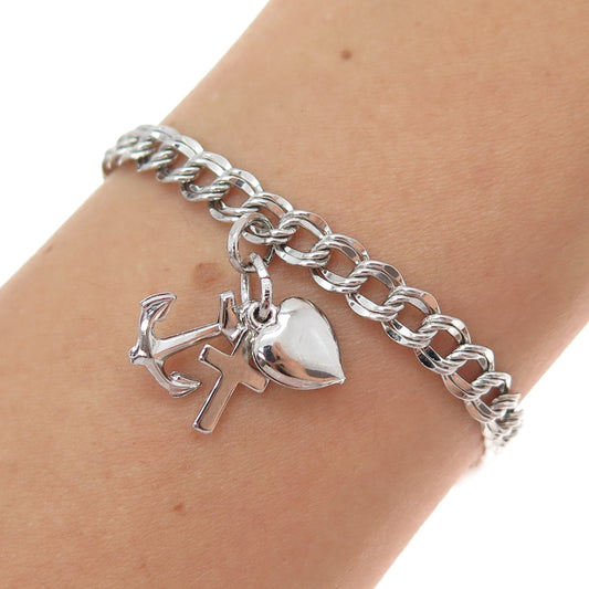 ELCO Sterling Silver Vintage Heart Anchor Cross Double Curb Link Bracelet 6.75"