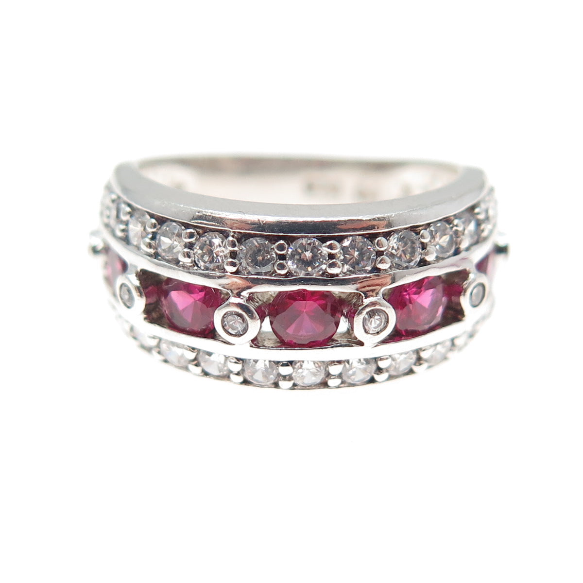 925 Sterling Silver Round-Cut Lab-Created Ruby & C Z Ring Size 5.25