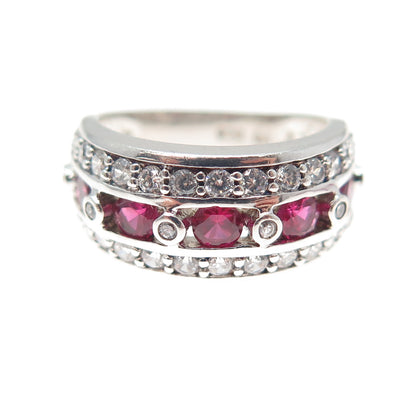 925 Sterling Silver Round-Cut Lab-Created Ruby & C Z Ring Size 5.25