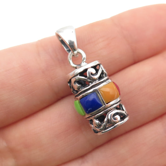 925 Sterling Silver Vintage Real Lapis Turquoise Coral & Jasper Charm Pendant